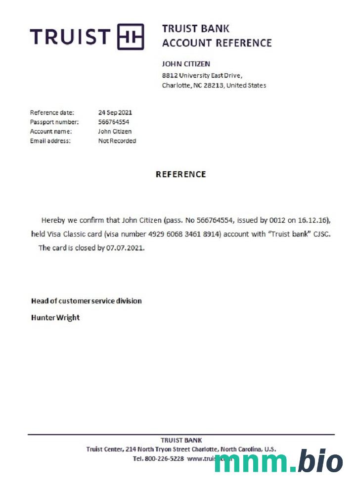 Przykład odniesienia do zamknięcia banku Truist w USA w formatach Word i PDF